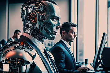 Ein Roboter überragt einen Mann im Anzug, der neben dem Roboter am Laptop sitzt