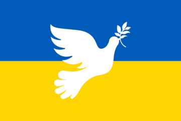 Grafik einer Friedenstaube vor der ukrainischen Flagge